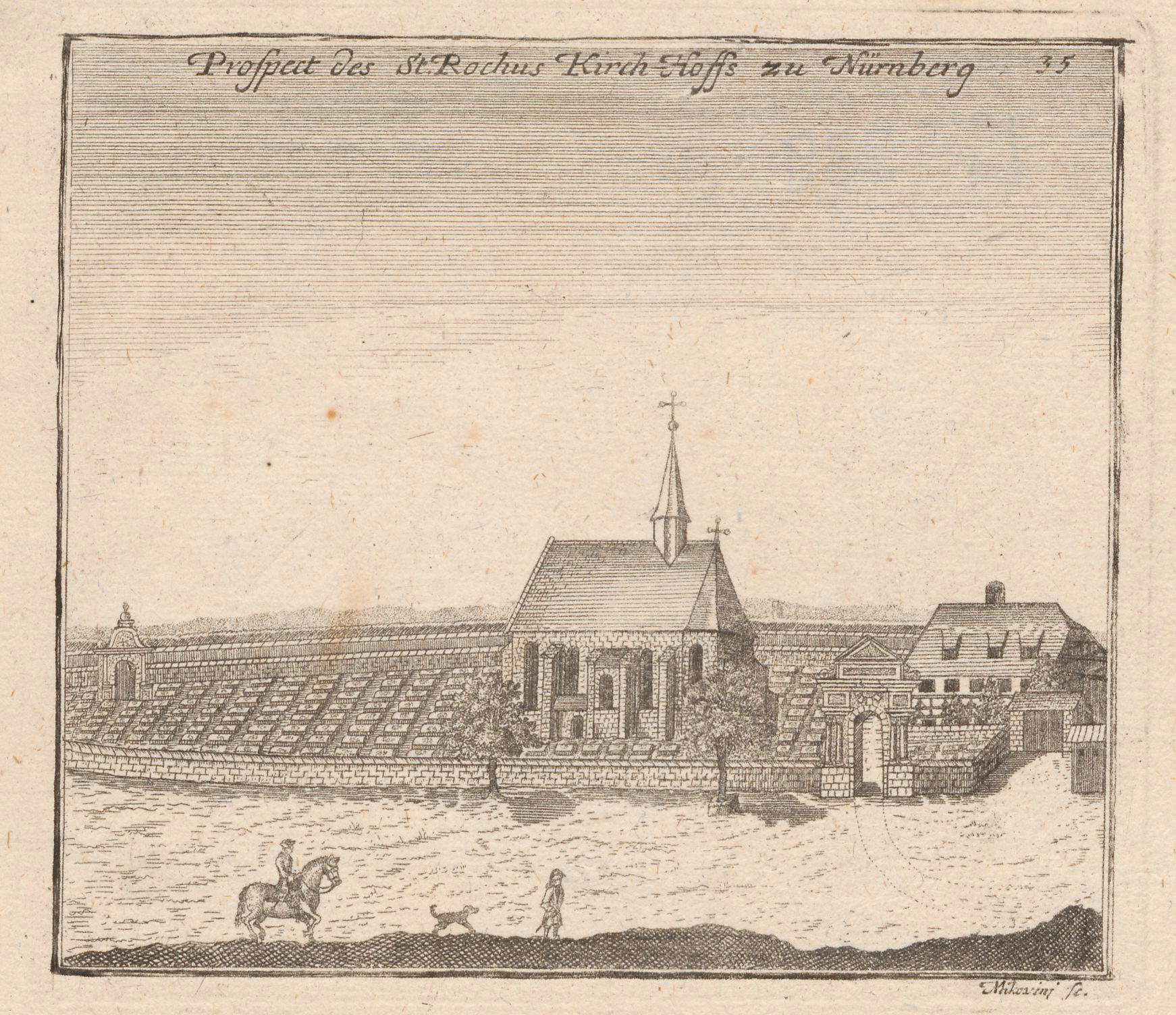 Der Rochusfriedhof. Blick von Süden auf den Friedhof mit der Imhoff'schen Kapelle, Stich von Samuel Mikovinyi, 1728-1730